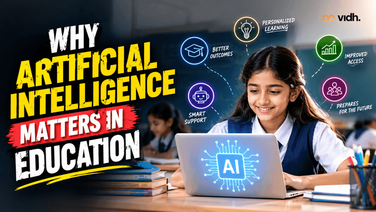AI in education for K-12 schools, showing a student using a laptop with AI technology, highlighting personalized learning, better outcomes, smart support, improved access, and future-ready skills.