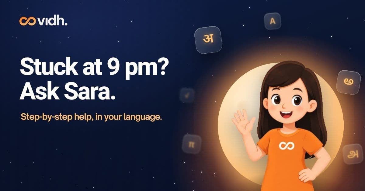 Sara, Vidh's cartoon tutor, waves in front of a warm moon on a night-blue sky with floating letter tiles in Hindi, Telugu, Tamil and English, beside the words Stuck at 9 pm? Ask Sara.